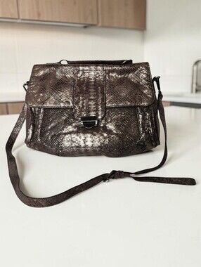Lauren Merkin Brown Metallic Reptile Snake Print Leather Shoulder Bag